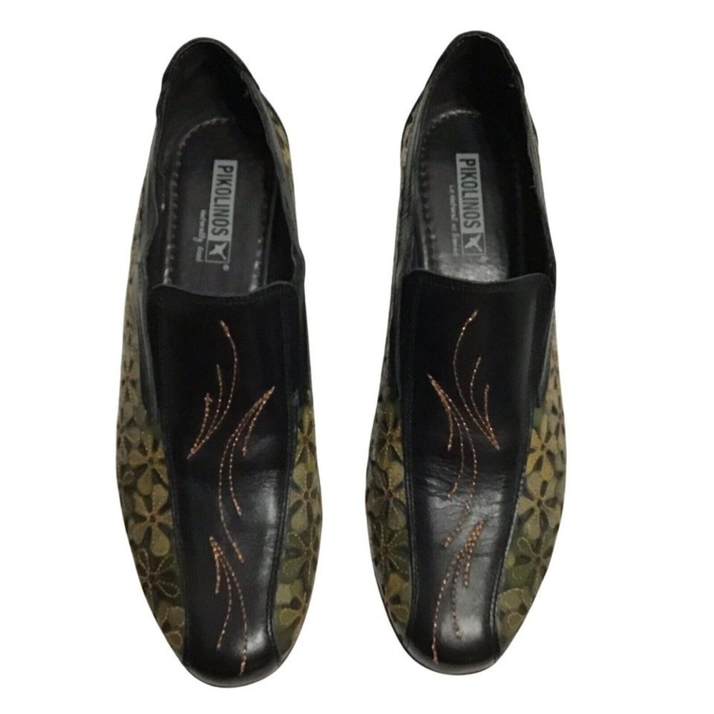 Pikolinos Womens 37 Black Olive Green Floral Leather Laser Cut Wedge Shoes - Picture 5 of 8